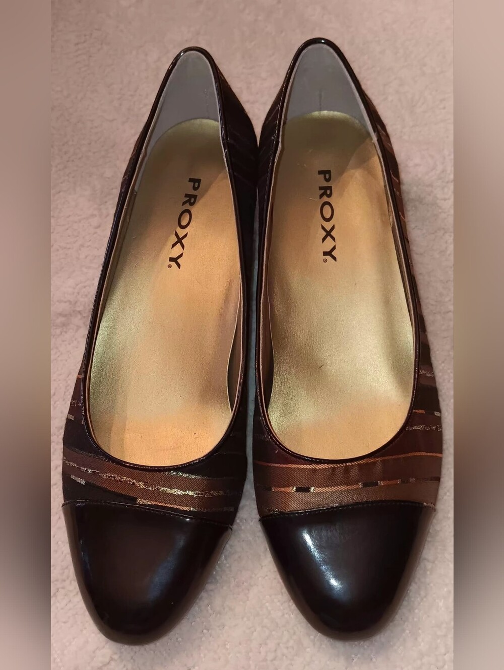 Proxy Brown, Black and Gold Stripe Cap-Toe Heel 11W